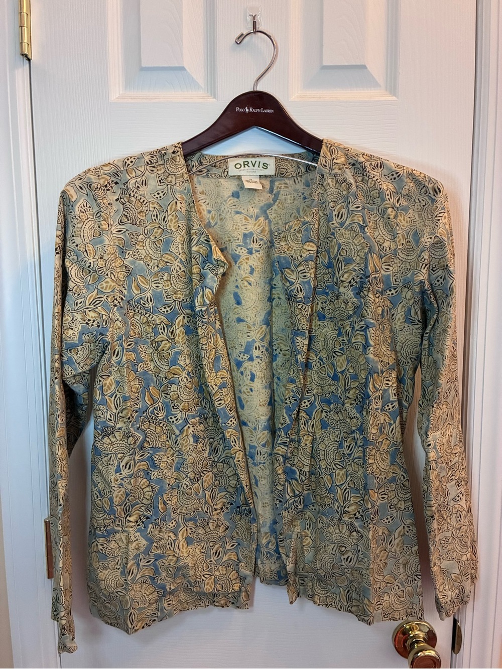 Orvis Women's Blue Floral Open Front Jacket size 14